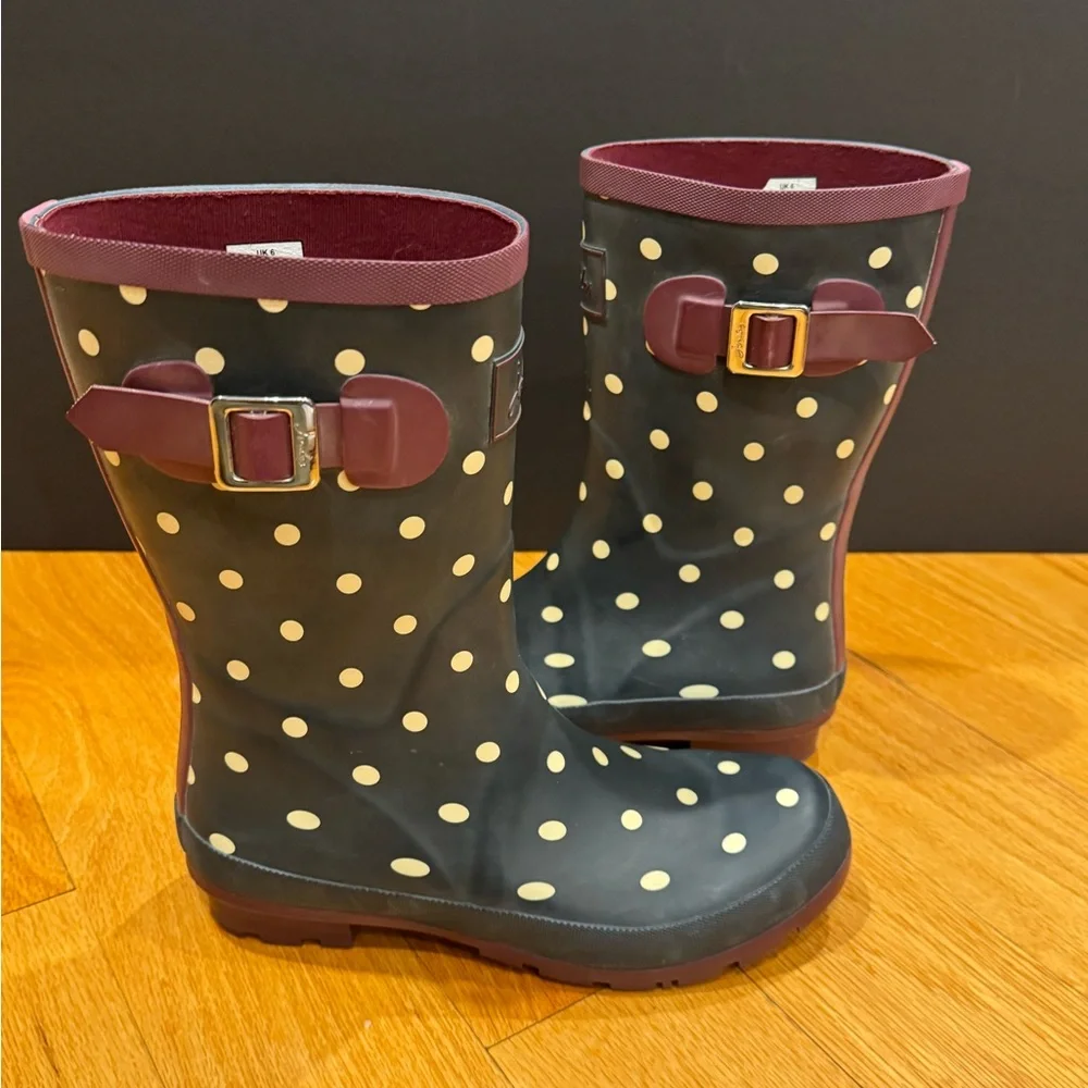 Joules Molly Welly Mid Calf Navy Rain Boots White Polka Dot Burgundy Trim Size 8 - Picture 16 of 16